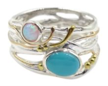 Silver and 14ct gold wire turquoise and opal ring