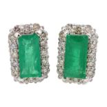 Pair of 18ct white gold emerald and round brilliant cut diamond cluster stud earrings