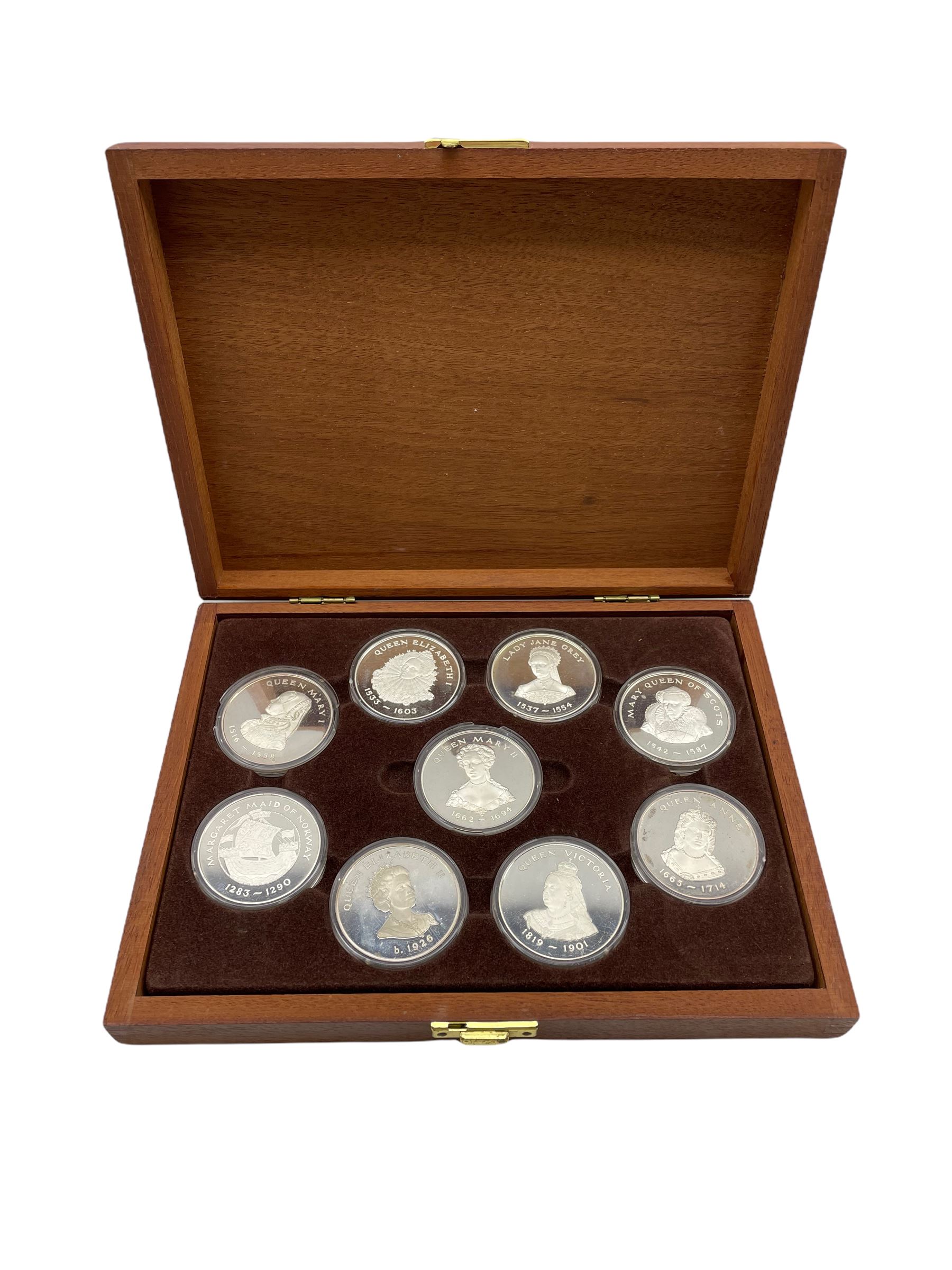 Queens of the British Isles- Cased set of nine silver medallions by the Birmingham Mint each 45mm