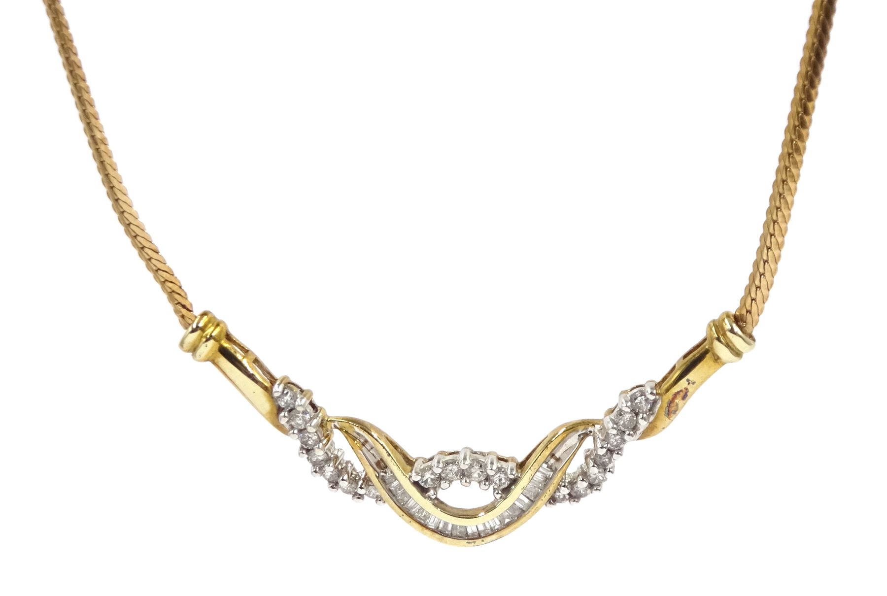 9ct gold baguette and round brilliant cut diamond crossover necklace