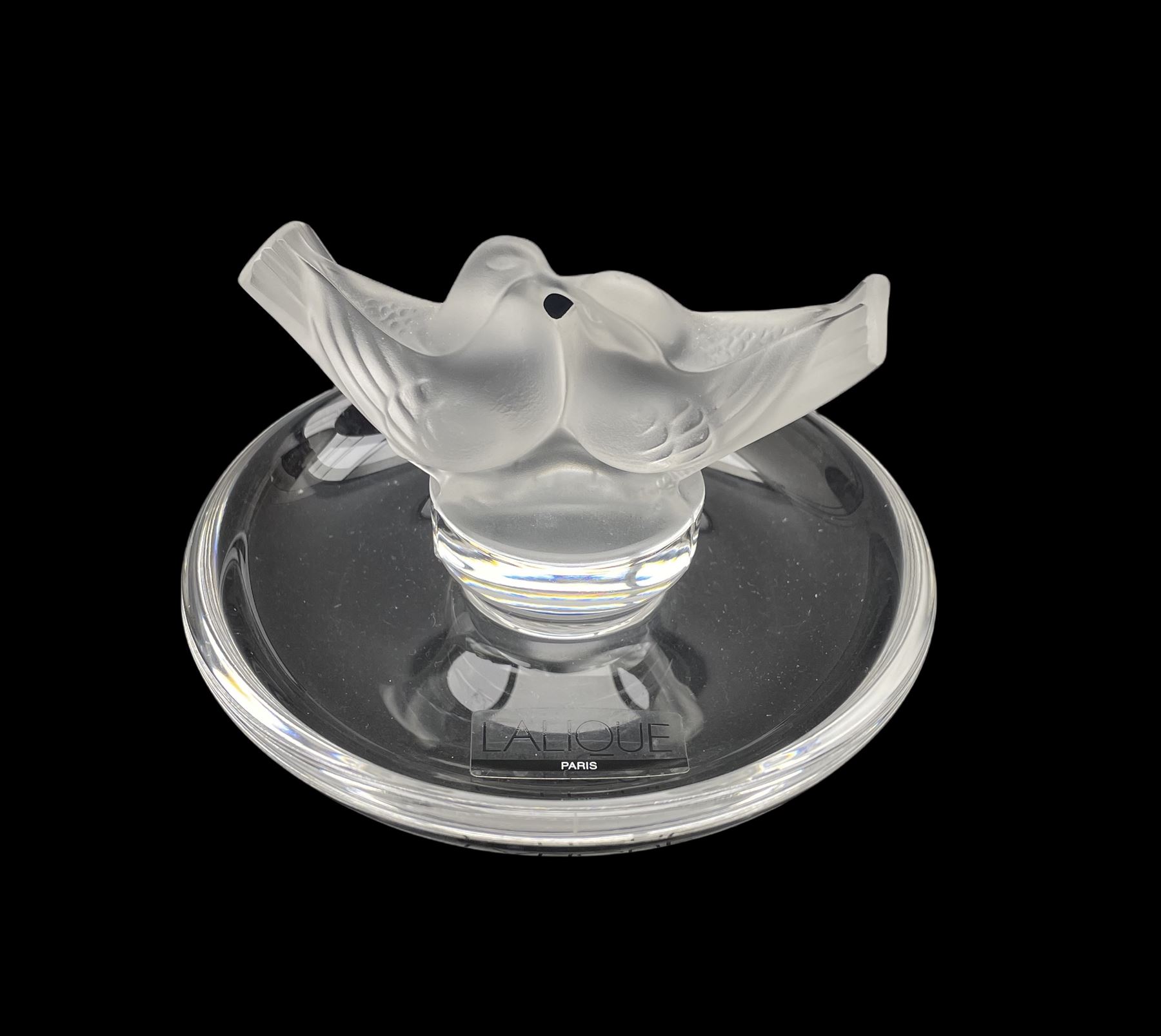 Lalique glass pin dish surmounted by two figures of Doves