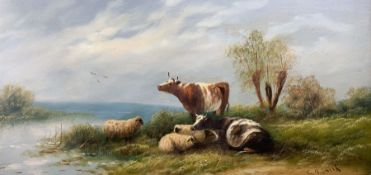 G G Smith (British 20th century): Cows and Sheep at Estuary