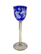 Bohemian hock glass with blue flashed bowl on chamfered stem and with floral etched foot H23cm
