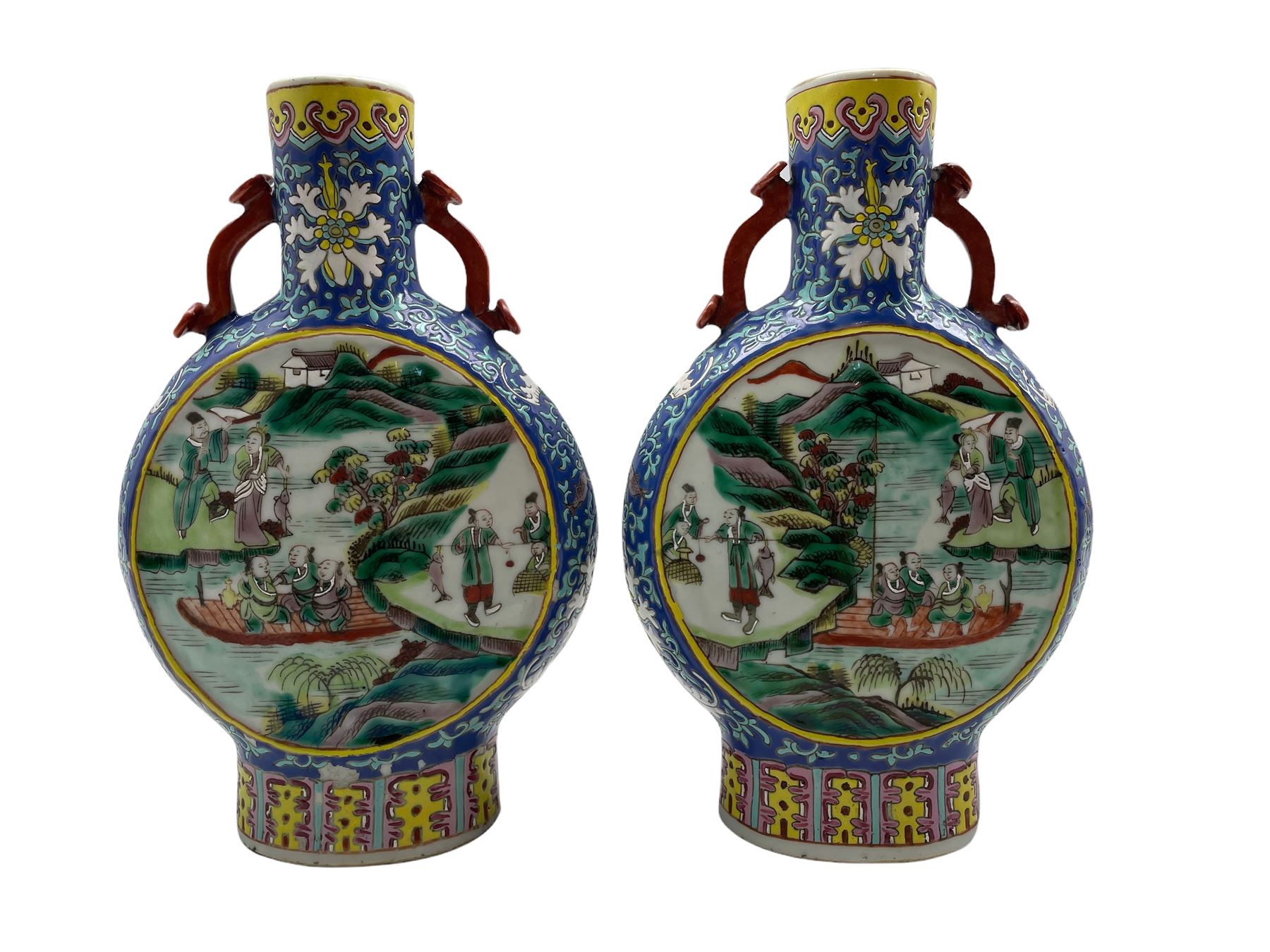 Pair of late 19th/ early 20th century Chinese Famille Verte pilgrim flasks/ vases