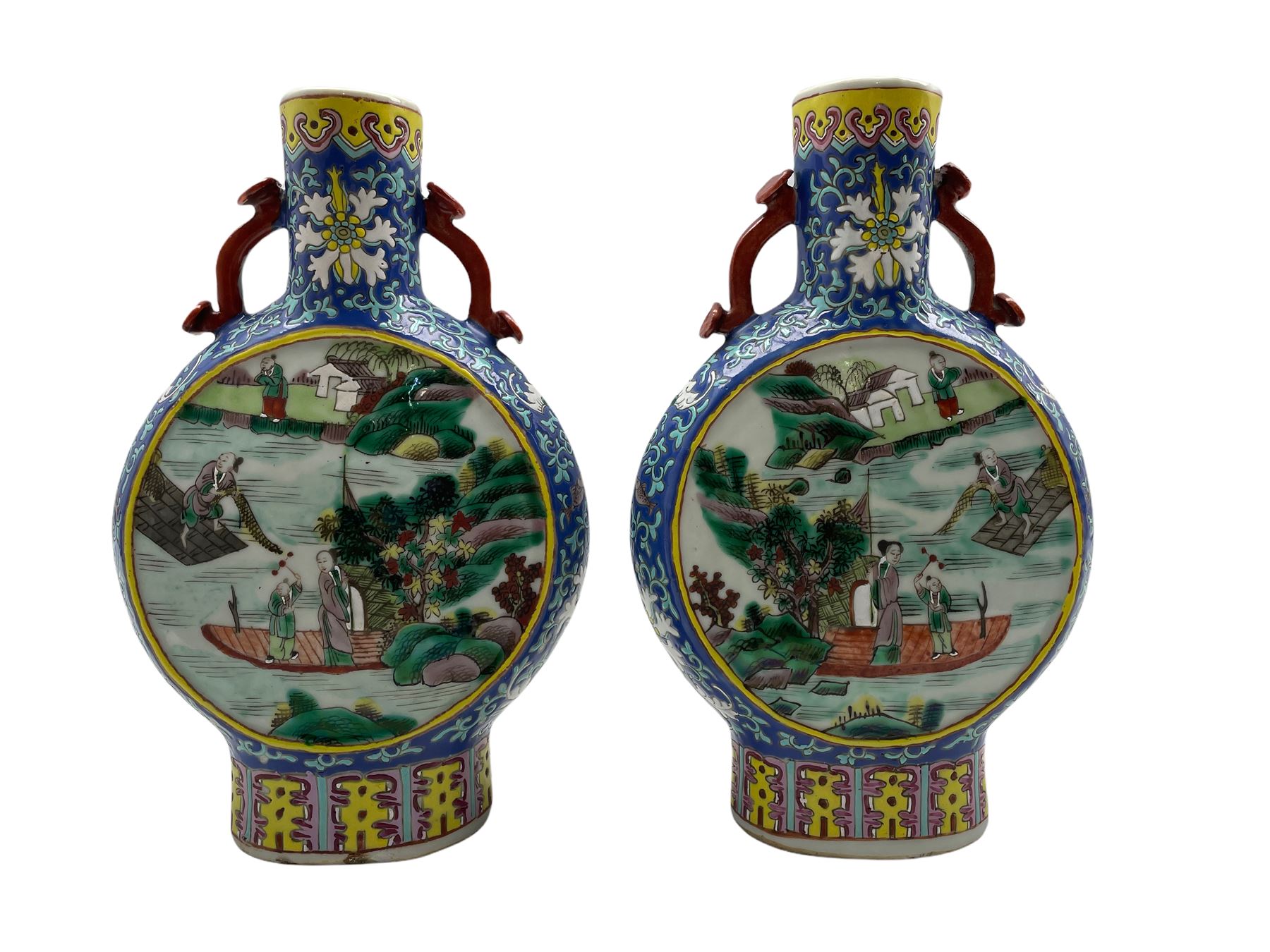 Pair of late 19th/ early 20th century Chinese Famille Verte pilgrim flasks/ vases - Image 2 of 3