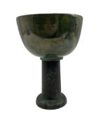 Peter Moss (British 1940-): 'Chalice' green glazed bowl on patinated bronze stem c2010