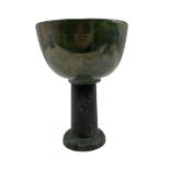 Peter Moss (British 1940-): 'Chalice' green glazed bowl on patinated bronze stem c2010