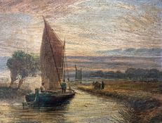 English School (19th century): Ox Pulling Barge in Dutch River Landscape