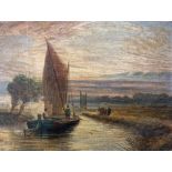 English School (19th century): Ox Pulling Barge in Dutch River Landscape