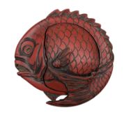 Chinese red lacquer serving dish and cover in the form of Fish