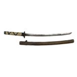 Japanese WW2 wagizashi sword with pierced tsuba in leather covered scabbard
