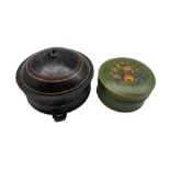 Georgian black toleware spice box of circular form with hinged cover revealing six compartments and