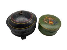 Georgian black toleware spice box of circular form with hinged cover revealing six compartments and