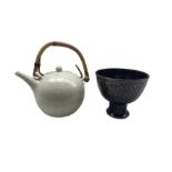 David Lloyd Jones (British 1928-1994): Tenmoku glaze pedestal bow H13.5cm x D15cm and teapot with ca