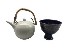 David Lloyd Jones (British 1928-1994): Tenmoku glaze pedestal bow H13.5cm x D15cm and teapot with ca