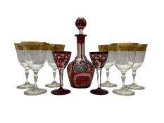 Late 19th/ early 20th century Bohemian ruby flash glass and engraved decanter with landscape and sta