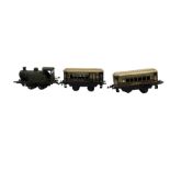 Bing O gauge clockwork 0-4-0 tank locomotive in green LNER livery No.4993 and two Hornby Meccano car