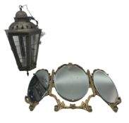 Metal hexagonal hall lantern of tapering form H60cm and a triple division dressing table mirror