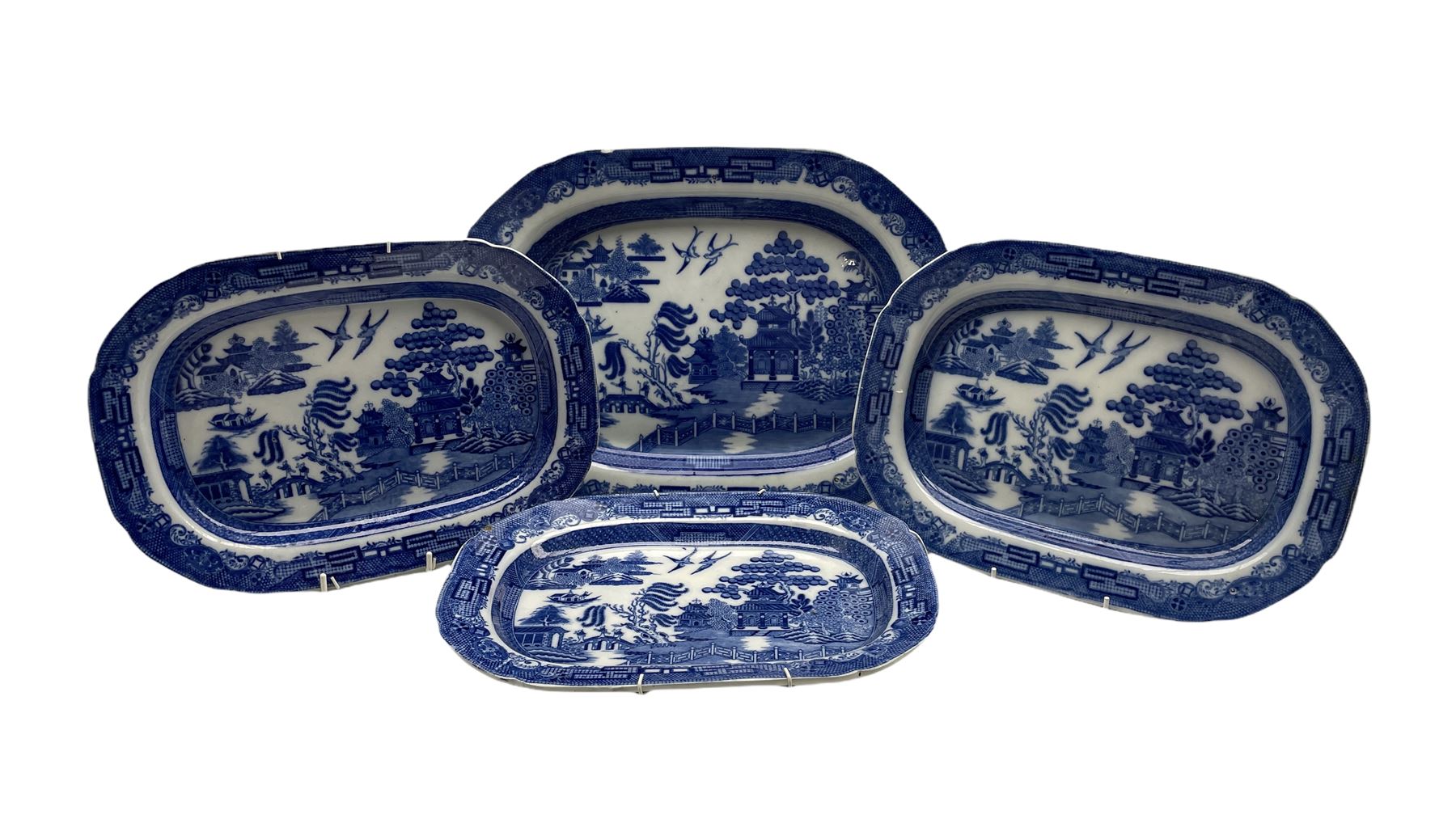 19th century Pearlware Willow pattern meat plate and three smaller meat plates in the same pattern