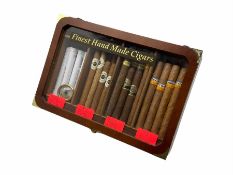 Shop display humidor with glazed lifting lid containing a selection of hand made cigars including Co