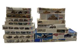 Sixteen plastic model kits including Tamiya 'B.M.W. R75' 1/35 scale