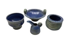 Jane Hamlyn (British 1940-): Four pieces of salt glazed studio pottery to include a twin handled bow