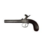 19th century percussion pistol with engraved lock and mahogany grip overall length 23cm