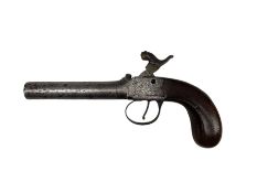 19th century percussion pistol with engraved lock and mahogany grip overall length 23cm