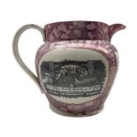 19th century Sunderland pink lustre jug with three reserve panels with Masonic verse and the Iron Br