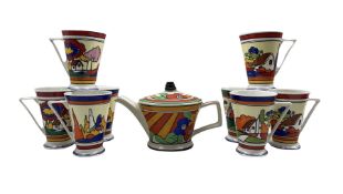 Set of eight Clarice Cliff Design mugs by Wren and a similar teapot (9)