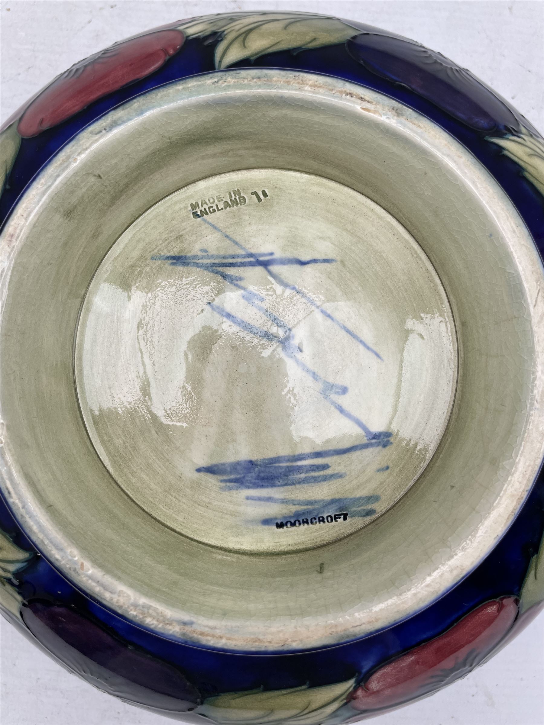 Moorcroft Pansy pattern pedestal bowl on a dark blue ground and with blue signature mark D26cm (a/f) - Image 2 of 2