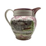 Early 19th century Sunderland pink lustre jug with a view of the Iron Bridge heightened in colour an