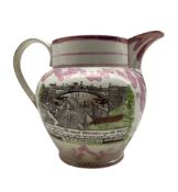 Early 19th century Sunderland pink lustre jug with a view of the Iron Bridge heightened in colour an