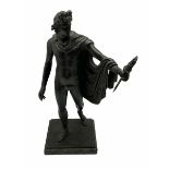 Bronzed classical male standing figure holding a torch on a square marble base H58cm