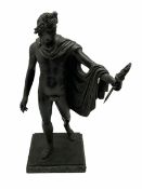 Bronzed classical male standing figure holding a torch on a square marble base H58cm