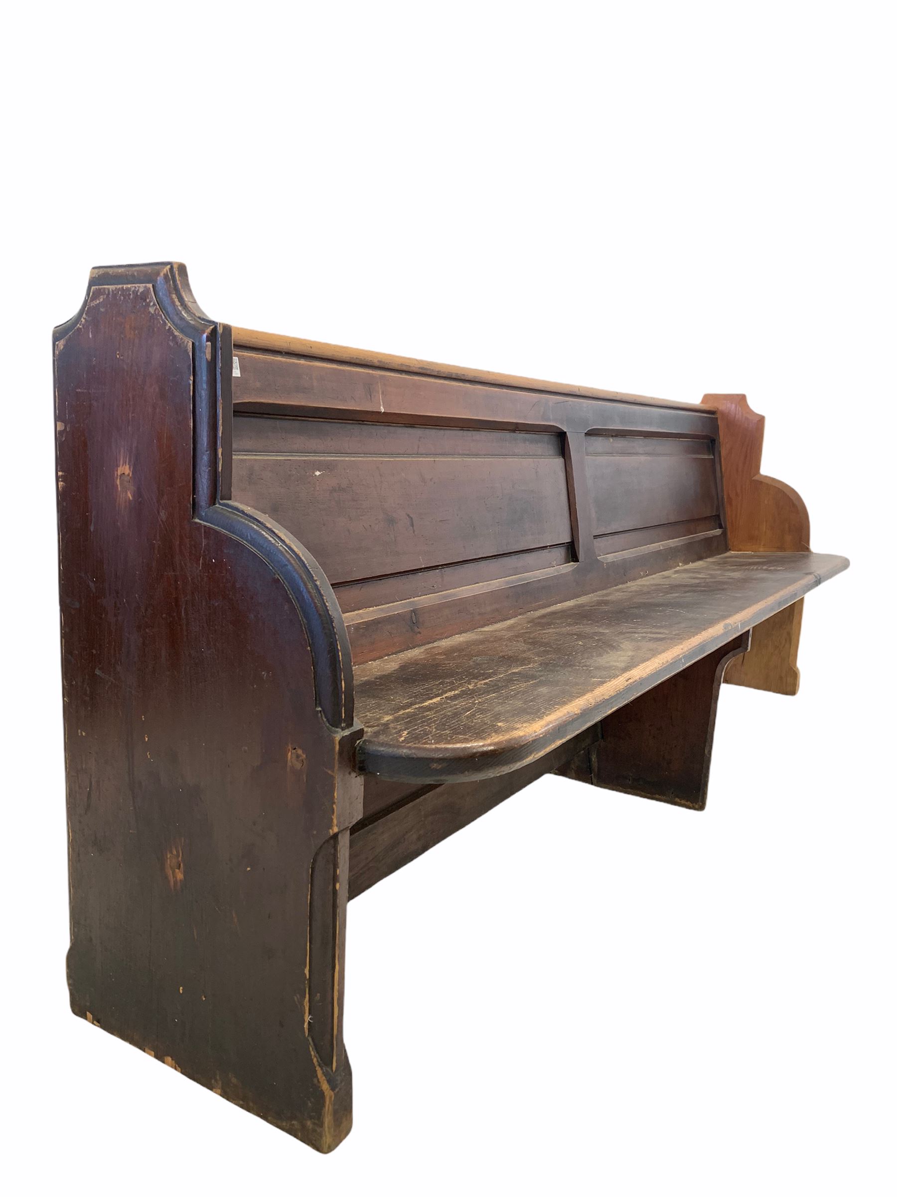 Large late 19th century stained pine church pew - Image 2 of 3