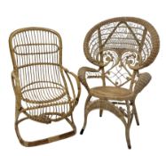 Vintage mid century bamboo open armchair (W60cm) together with a Vintage wicker and cane peacock cha