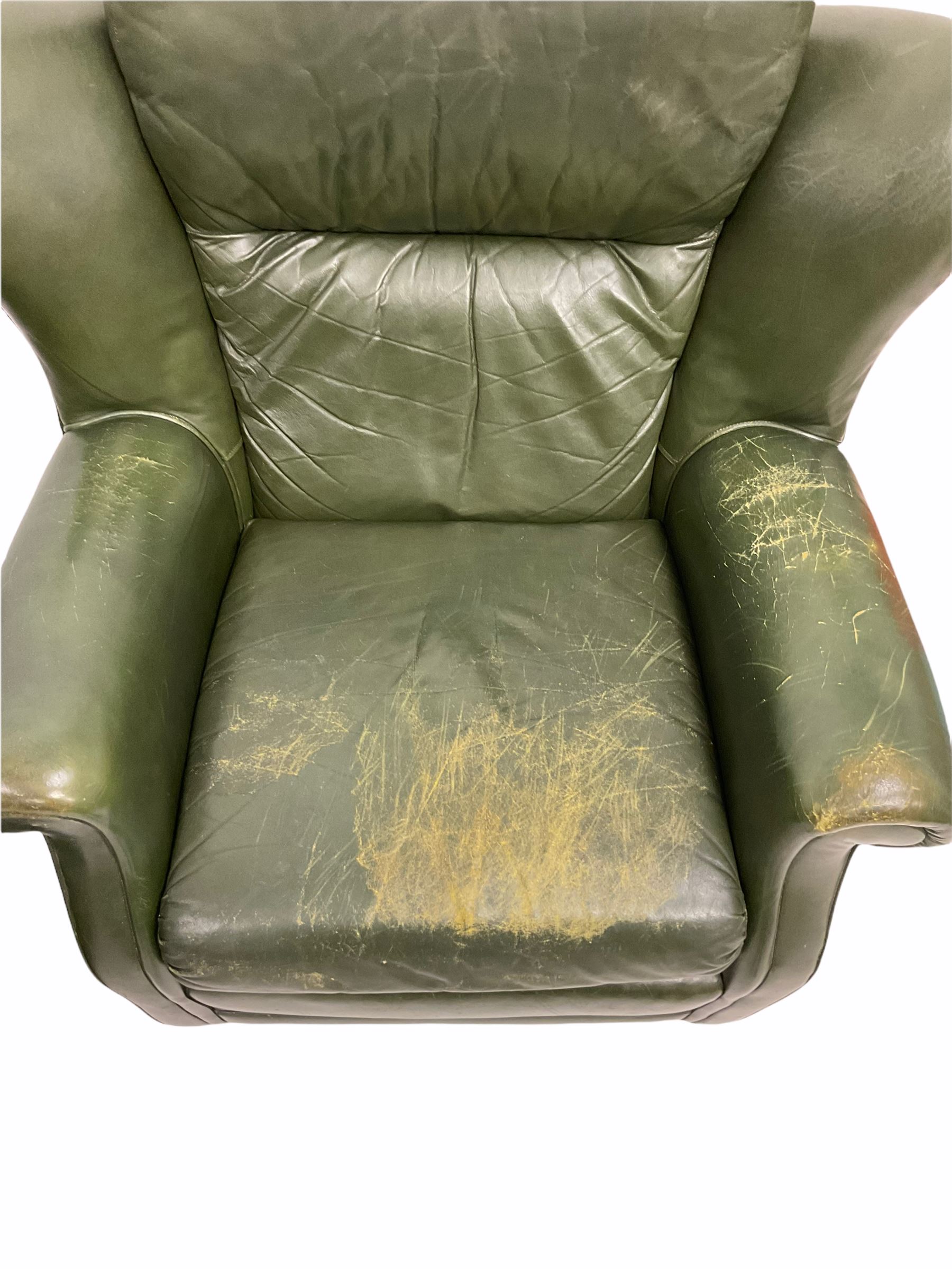 Pair of vintage green leather wing back armchairs - Image 2 of 3