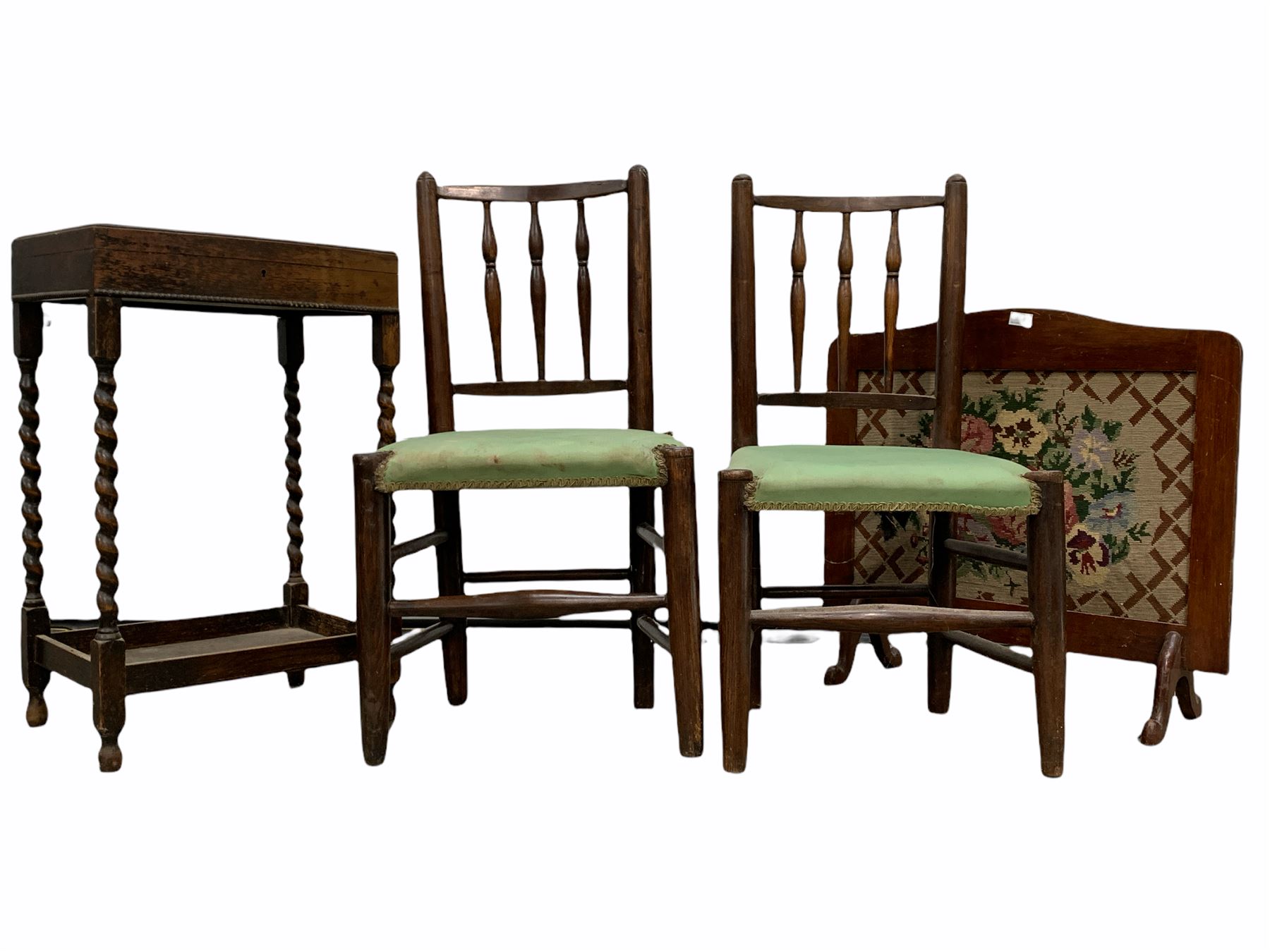 Pair of 19th century spindle back dining chairs with upholstered seats and turned supports
