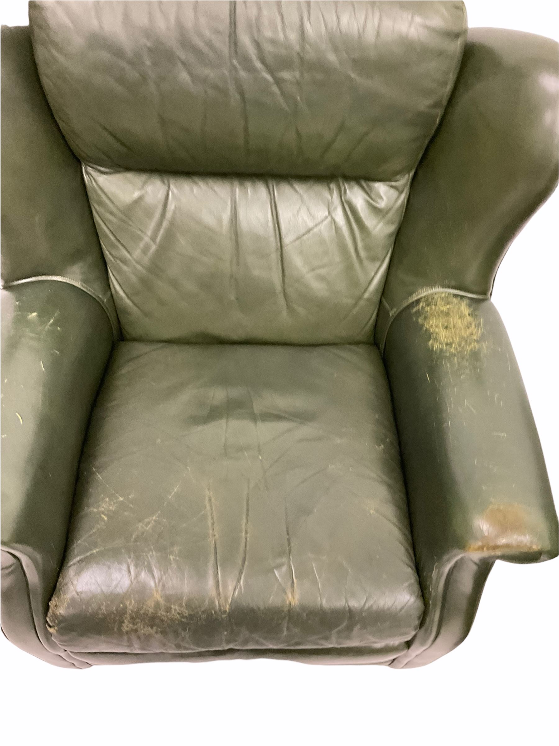 Pair of vintage green leather wing back armchairs - Image 3 of 3