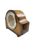 An oak cased mid-20th century three train Westminster chiming mantle clock striking the hours and ch