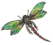 Silver plique-a-jour and marcasite dragonfly brooch