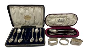 Set of six silver coffee spoons and tongs Birmingham 1924 Maker Daniel and Arter