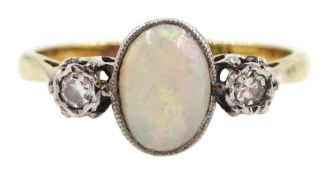 Early 20th century three stone oval opal and diamond chip ring