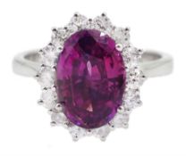 18ct white gold oval pink sapphire and diamond cluster ring