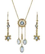 Early 20th century gold milgrain set aquamarine and pearl pendant necklace