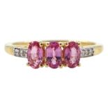 9ct gold three stone oval pink sapphire ring