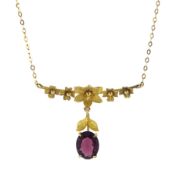9ct gold flower design garnet pendant necklace