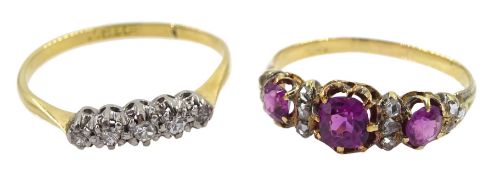 Early 20th century gold three pink/purple stone set ring