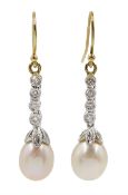 Pair of 18ct white gold cultured white/pink pearl and diamond pendant earrings